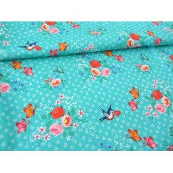 Baumwolle Märchen - Vogel Röschen - türkis